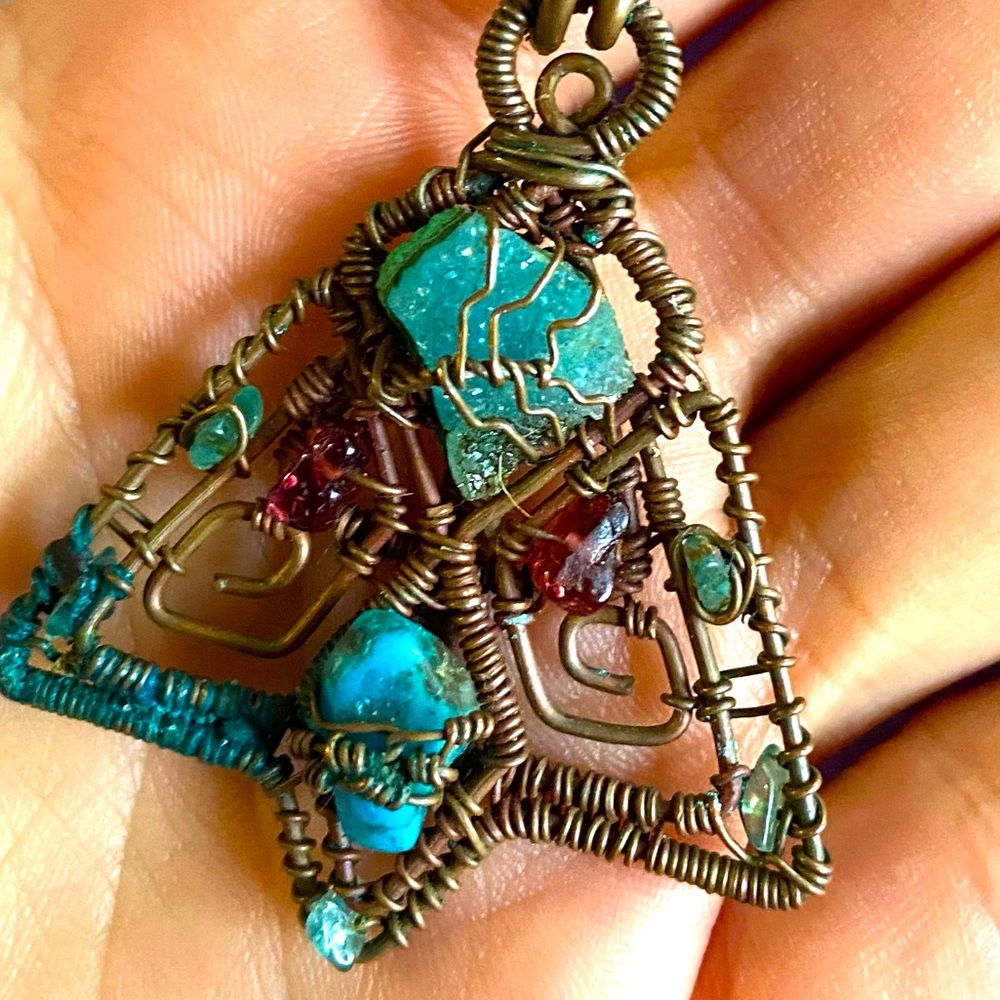 Wire Wrapped Crystal Stone and Copper Triangle Pendant